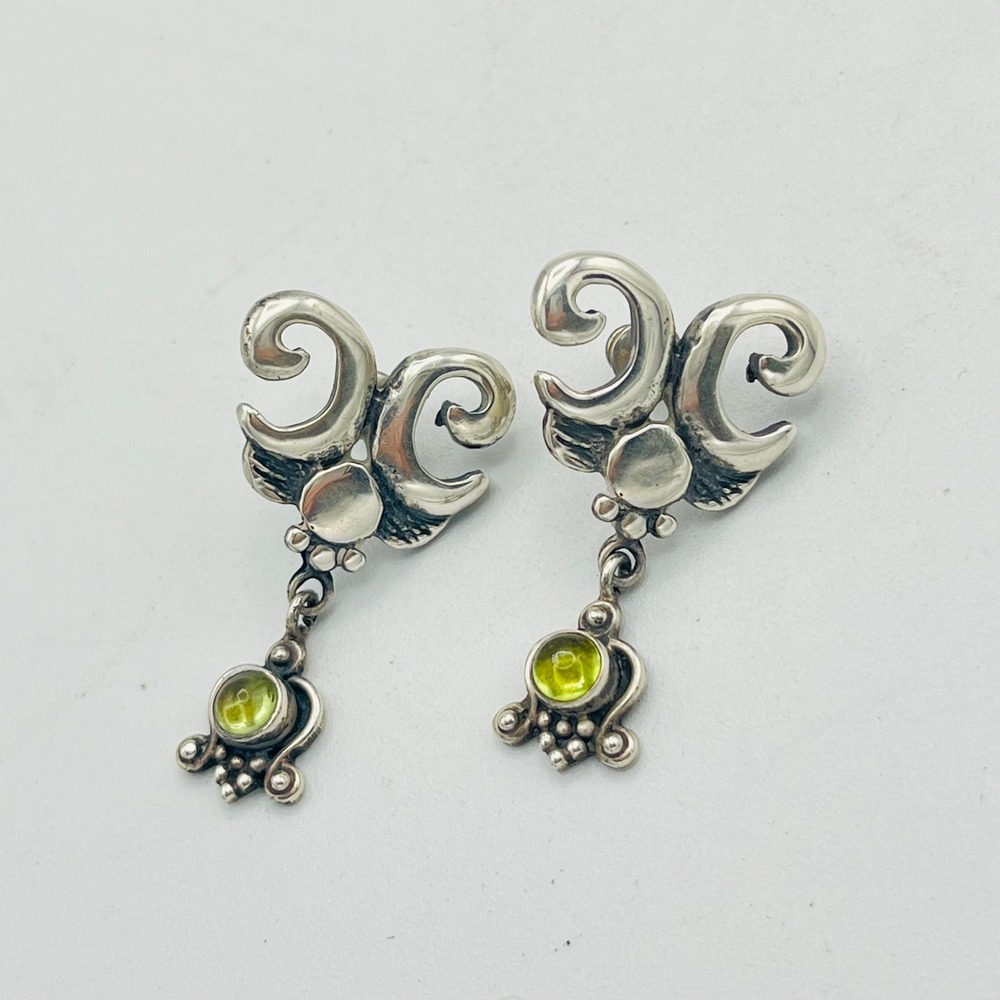 Sterling Silver Peridot Scroll Drop Earrings Vintage 925 Artisan Boho Dangle